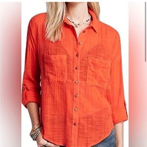 Free People Orange Cuffed Sleeve Button Down Shirt